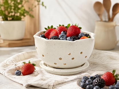 Handmade ceramic berry bowl in speckled cream glaze styled with fresh berries in a warm kitchen setting
