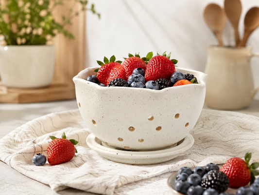 Handmade ceramic berry bowl in speckled cream glaze styled with fresh berries in a warm kitchen setting