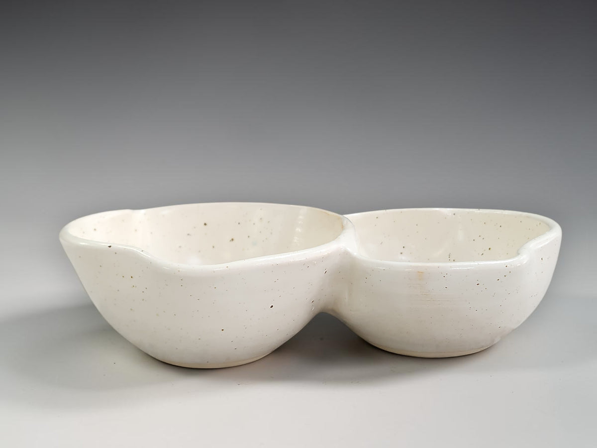 Speckled cream pottery double bowl for party snacks
