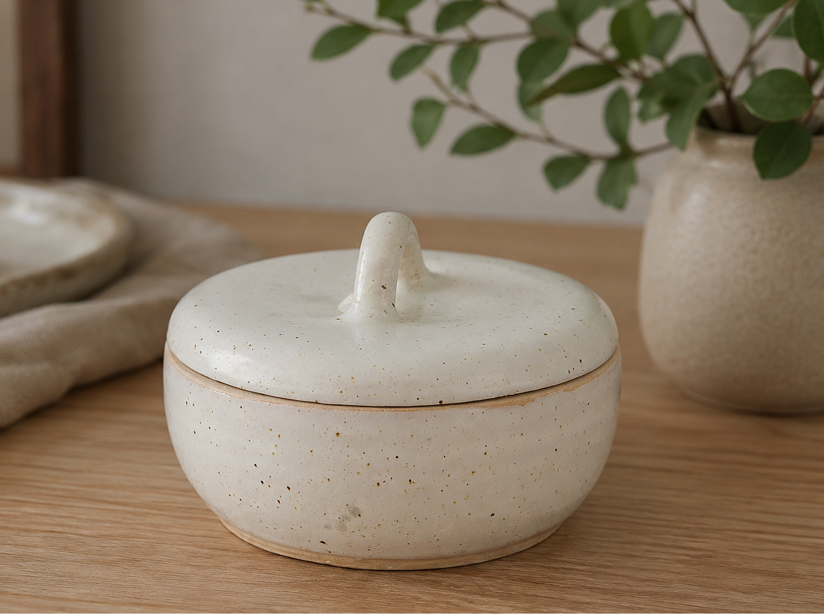 Handmade speckled cream ceramic lidded bowl by Buxton Pottery