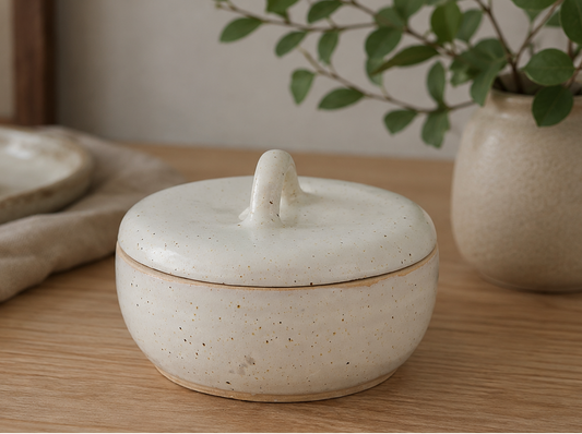 Handmade speckled cream ceramic lidded bowl by Buxton Pottery