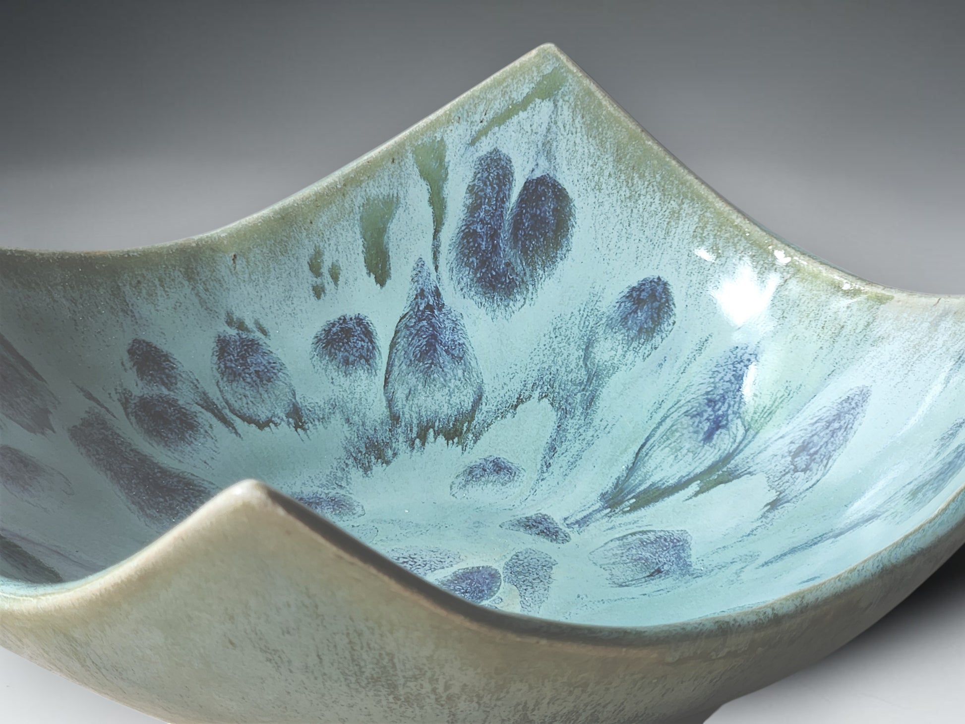Sculptural pottery bowl in pale seafoam glaze for modern home décor styling