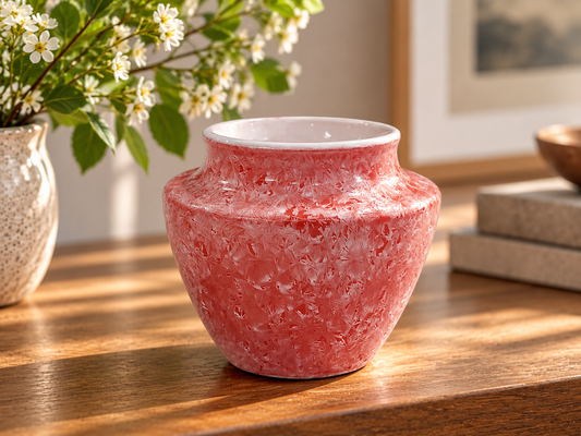 Handmade red crystalline pottery vase displayed as home decor