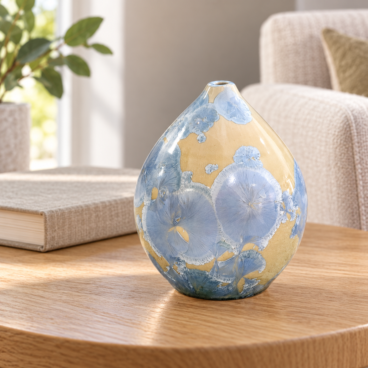 Small blue and cream crystalline pot on an oak side table beside a book in a softly lit living room.
