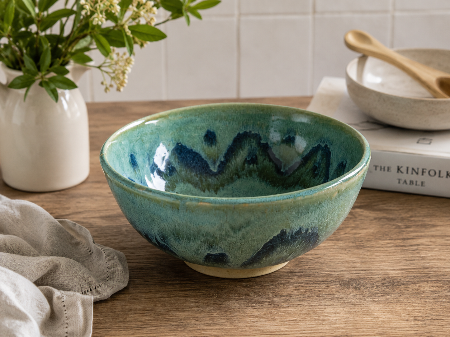 Large handmade stoneware serving bowl in layered green and blue glazes, wheel-thrown pottery bowl by Buxton Pottery Melbourne Australia.