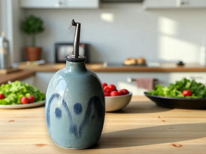 Handmade ceramic olive oil bottle with green and blue glaze – stoneware cruet with 500ml capacity – made in Australia