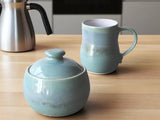 Handmade Ceramic Sugar Bowl – Mottled Green & Blue Glaze with White Interior – Wheel-Thrown Stoneware - Buxton Pottery