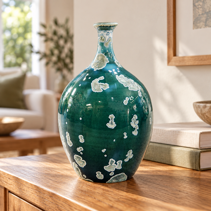 Teal-green crystalline ceramic vase displayed on a timber console beside books in a softly lit living room.