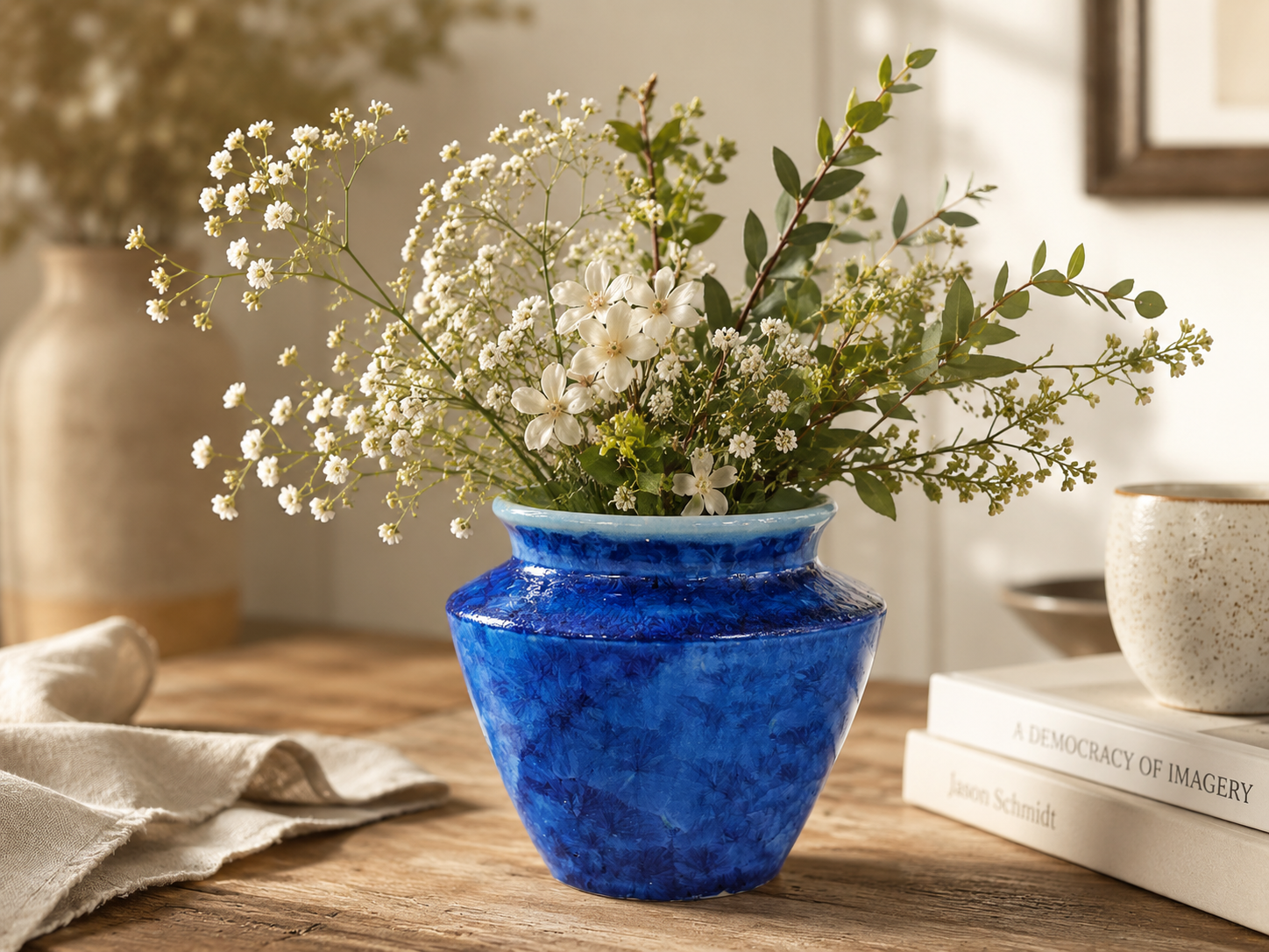Blue crystalline porcelain vase with white flowers in a warm lifestyle setting