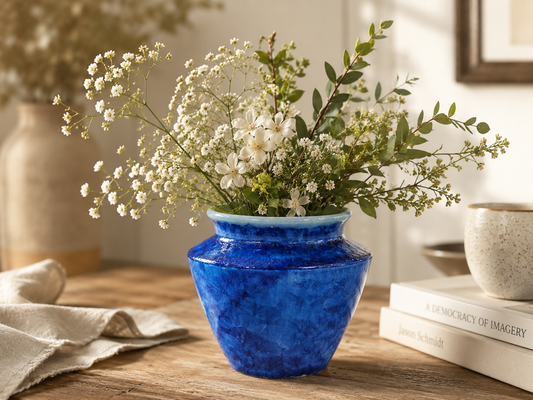 Blue crystalline porcelain vase with white flowers in a warm lifestyle setting