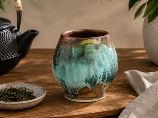 Handmade Japanese style ceramic teacup from the Bush Creek Earth Collection on a timber table with cast iron teapot, handcrafted pottery by Buxton Pottery Melbourne Australia